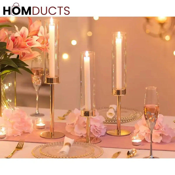 Elegant Gold Candlestick Holders for Home Decor | Set of 2 Glass Hurricane Candle Stands