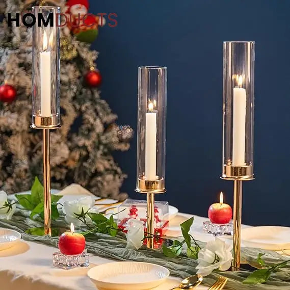 Elegant Gold Candlestick Holders for Home Decor | Set of 2 Glass Hurricane Candle Stands