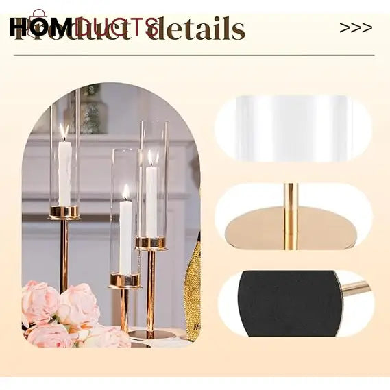 Elegant Gold Candlestick Holders for Home Decor | Set of 2 Glass Hurricane Candle Stands