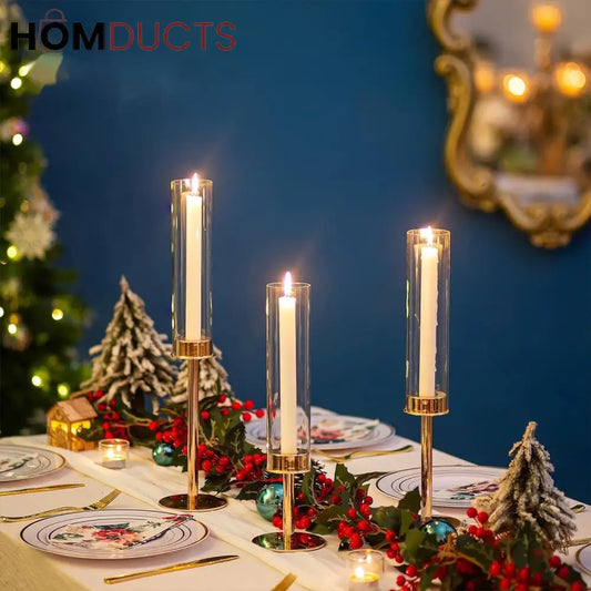 Elegant Gold Candlestick Holders for Home Decor | 3pcs Hurricane Candle Stands Home Decor