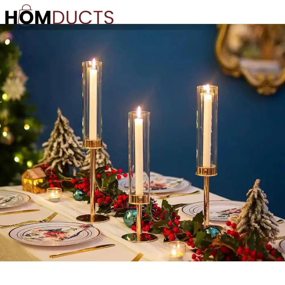Elegant Gold Candlestick Holders for Home Decor | Set of 2 Glass Hurricane Candle Stands