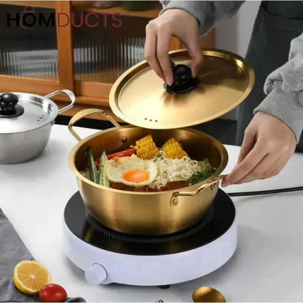 Elegant Gold Korean-Style Aluminum Pot with Lid – Lightweight & Heat-Resistant Noodle Cooking Pan 22cm