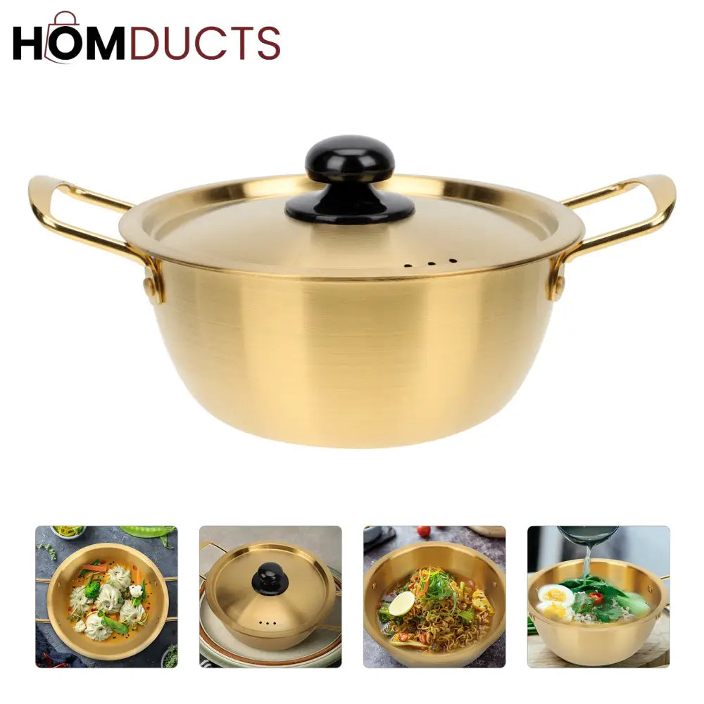 Elegant Gold Korean-Style Aluminum Pot with Lid – Lightweight & Heat-Resistant Noodle Cooking Pan 22cm