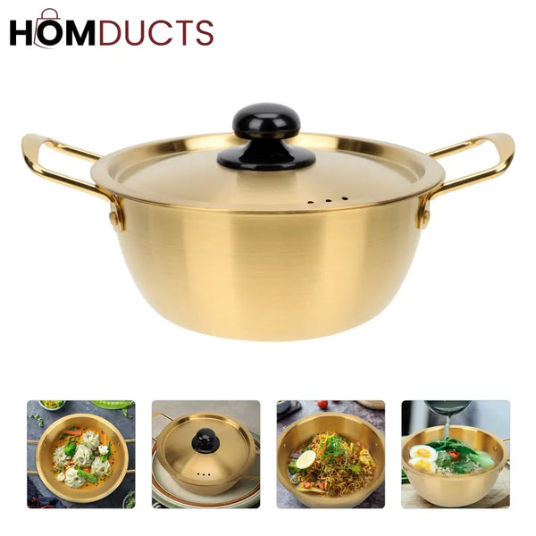 Elegant Gold Korean-Style Aluminum Pot with Lid – Lightweight & Heat-Resistant Noodle Cooking Pan 22cm