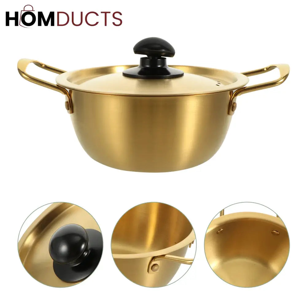 Elegant Gold Korean-Style Aluminum Pot with Lid – Lightweight & Heat-Resistant Noodle Cooking Pan 22cm