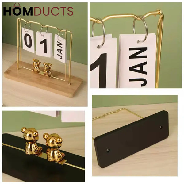 Elegant Gold Metal Flip Desk Calendar with Wooden Base and Bear Figurines – Perpetual Desktop Date Display
