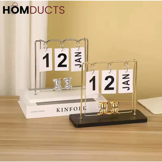 Elegant Gold Metal Flip Desk Calendar with Wooden Base and Bear Figurines – Perpetual Desktop Date Display
