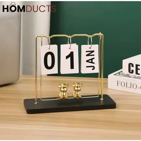 Elegant Gold Metal Flip Desk Calendar with Wooden Base and Bear Figurines – Perpetual Desktop Date Display