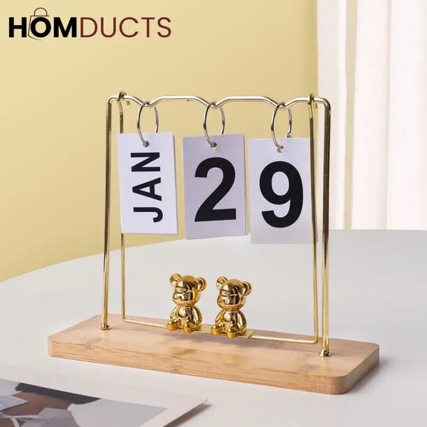 Elegant Gold Metal Flip Desk Calendar with Wooden Base and Bear Figurines – Perpetual Desktop Date Display