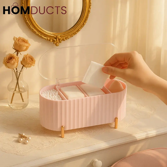Elegant Makeup Organizer Box with Lid – Cotton Pad Swab & Sponge Storage Case with Compartments & Gold Legs
