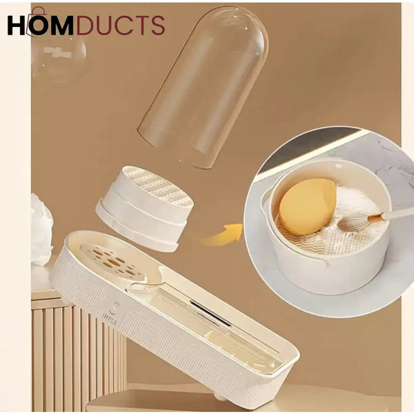 Elegant Makeup Organizer with Brush Holder – Dustproof Cosmetic Storage Box with Maker Brush Cleaner