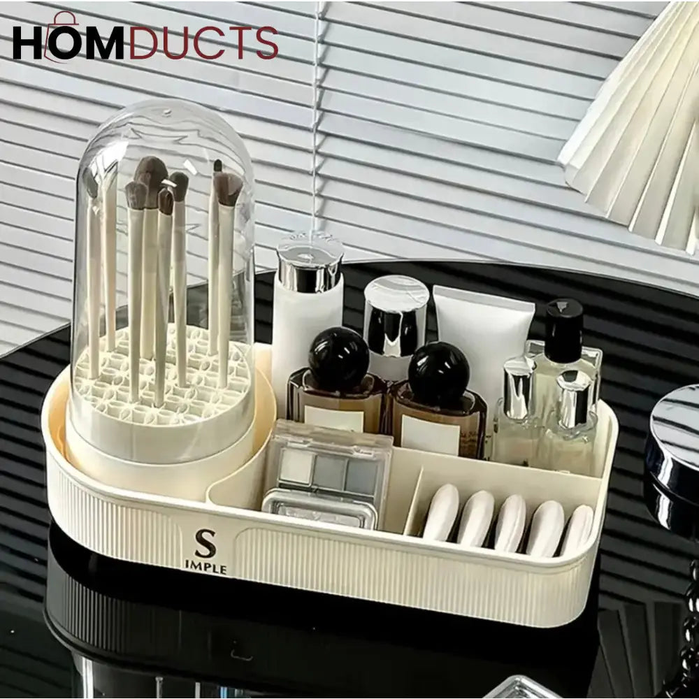 Elegant Makeup Organizer with Brush Holder – Dustproof Cosmetic Storage Box with Maker Brush Cleaner