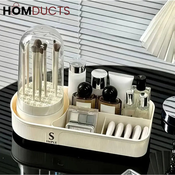 Elegant Makeup Organizer with Brush Holder – Dustproof Cosmetic Storage Box with Maker Brush Cleaner