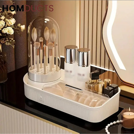 Elegant Makeup Organizer with Brush Holder – Dustproof Cosmetic Storage Box with Maker Brush Cleaner