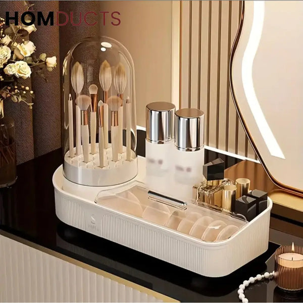 Elegant Makeup Organizer with Brush Holder – Dustproof Cosmetic Storage Box with Maker Brush Cleaner