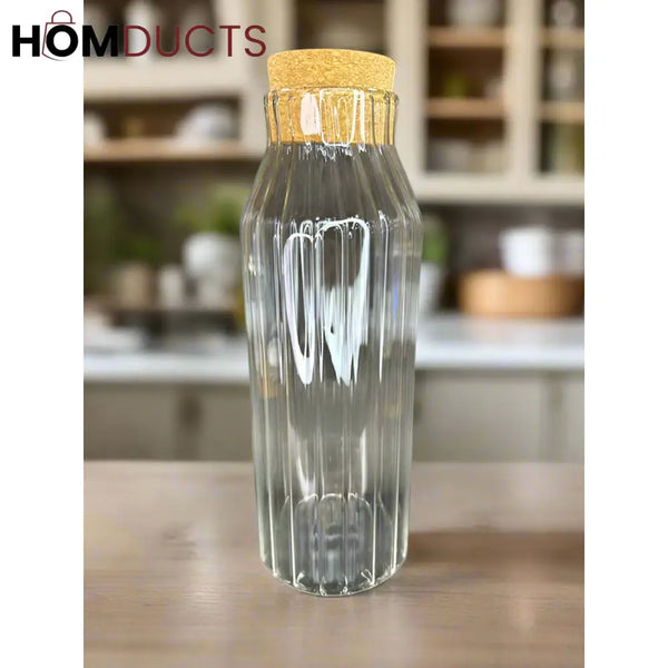 Elegant Ribbed Glass Bottle with Natural Cork Stopper | 1L Capacity