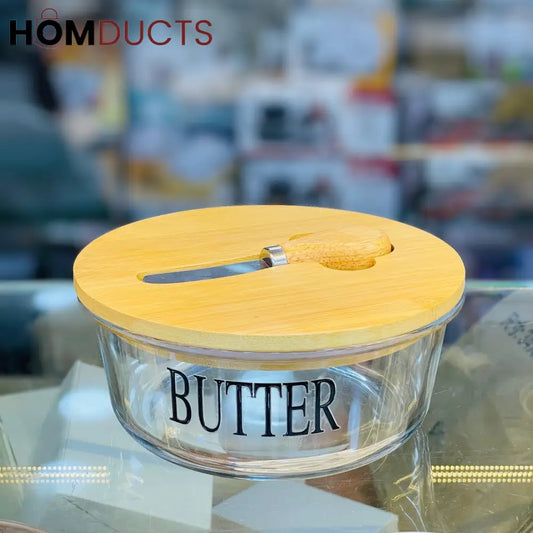 Elegant Round Glass Butter Dish with Lid and Spreader Knife