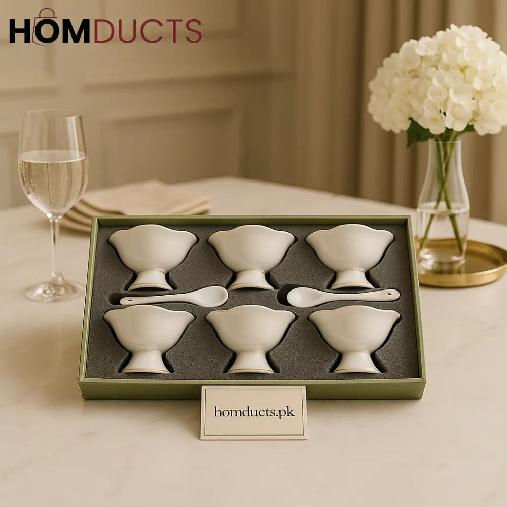 Elegant White Dessert Bowl Set with Spoons – 6-Piece High Tea Gift Box