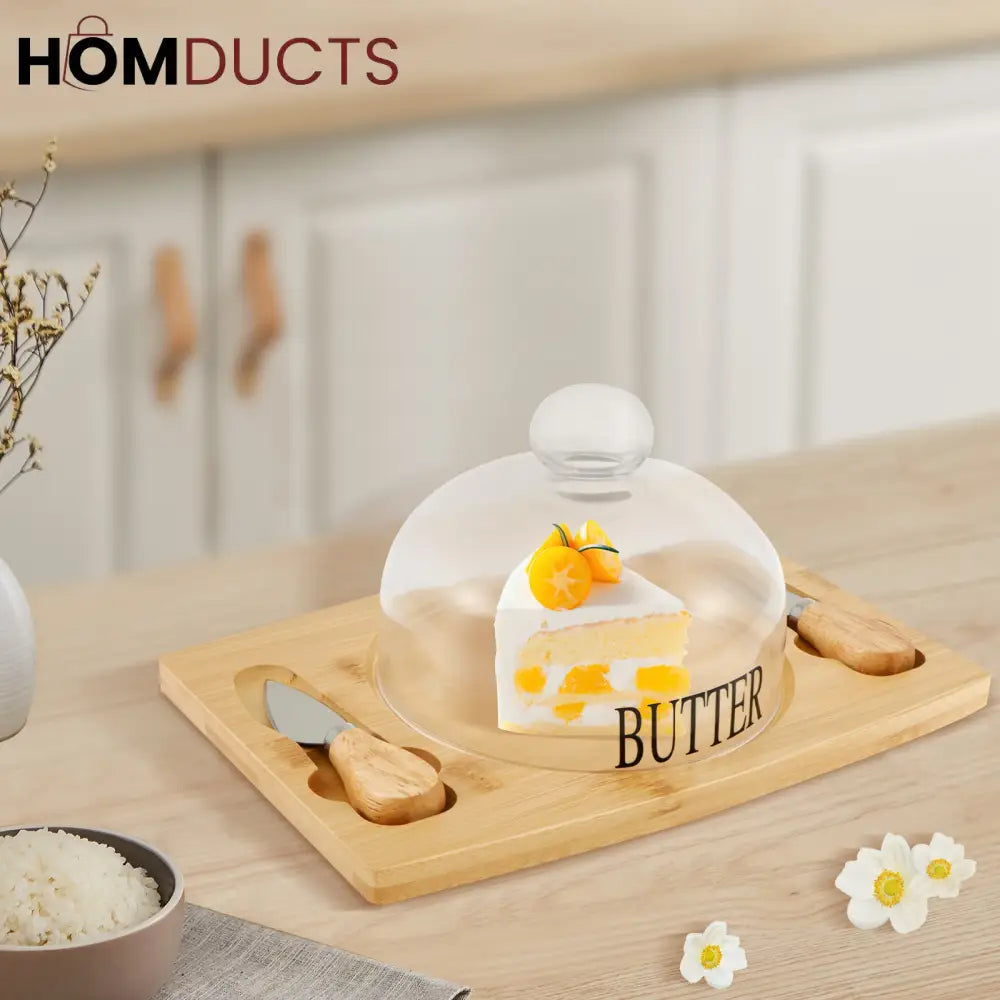 Elegant Wooden Butter Dish with Glass Lid & Knife Set – Multipurpose Serving Tray for Butter Cheese or Cake