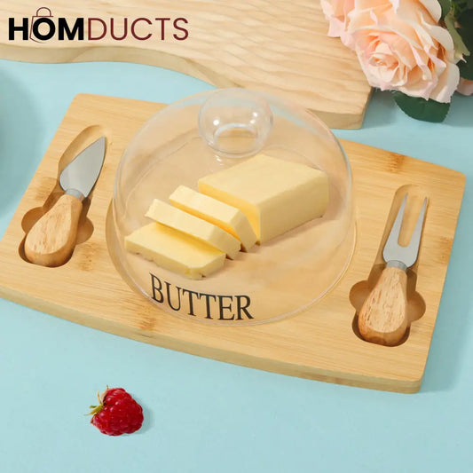Elegant Wooden Butter Dish with Glass Lid & Knife Set – Multipurpose Serving Tray for Butter Cheese or Cake