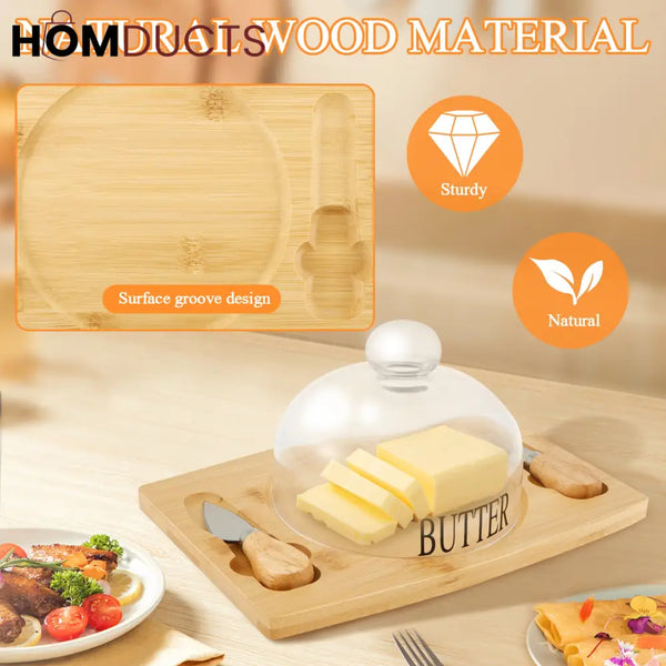 Elegant Wooden Butter Dish with Glass Lid & Knife Set – Multipurpose Serving Tray for Butter Cheese or Cake