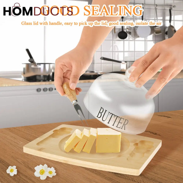 Elegant Wooden Butter Dish with Glass Lid & Knife Set – Multipurpose Serving Tray for Butter Cheese or Cake