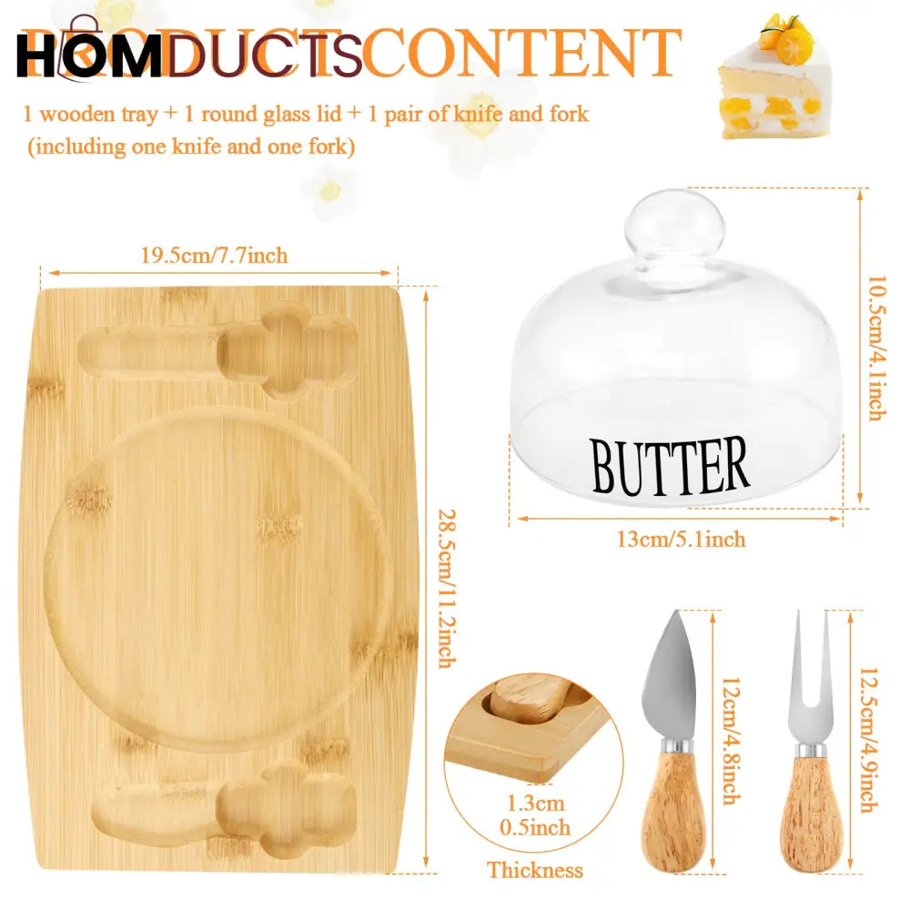 Elegant Wooden Butter Dish with Glass Lid & Knife Set – Multipurpose Serving Tray for Butter Cheese or Cake
