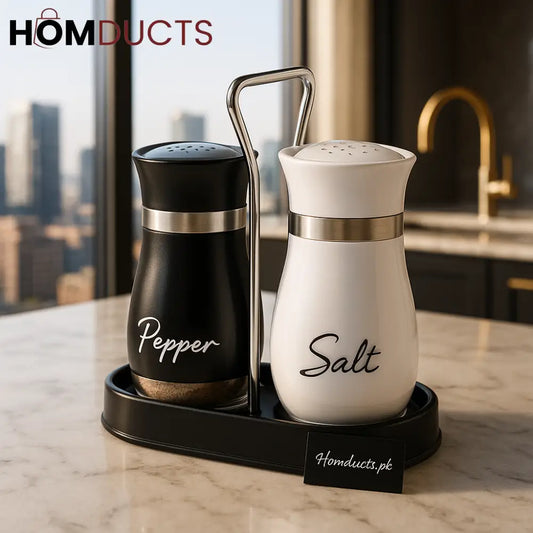 Elite Duo Ceramic Salt & Pepper Shaker Set – Black & White with Tray