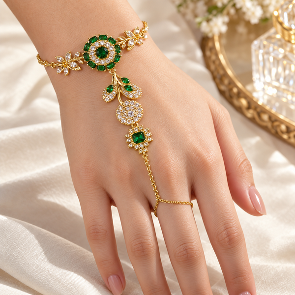 Emerald Floral Crystal Hathphool Hand Chain