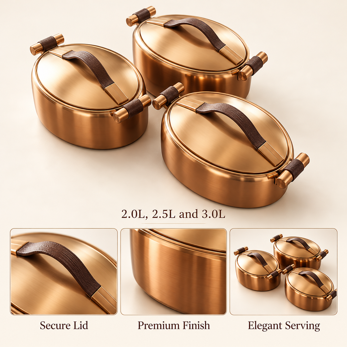 EO Premium 3-Piece Stainless Hot Pot Set – Copper features and capacity details