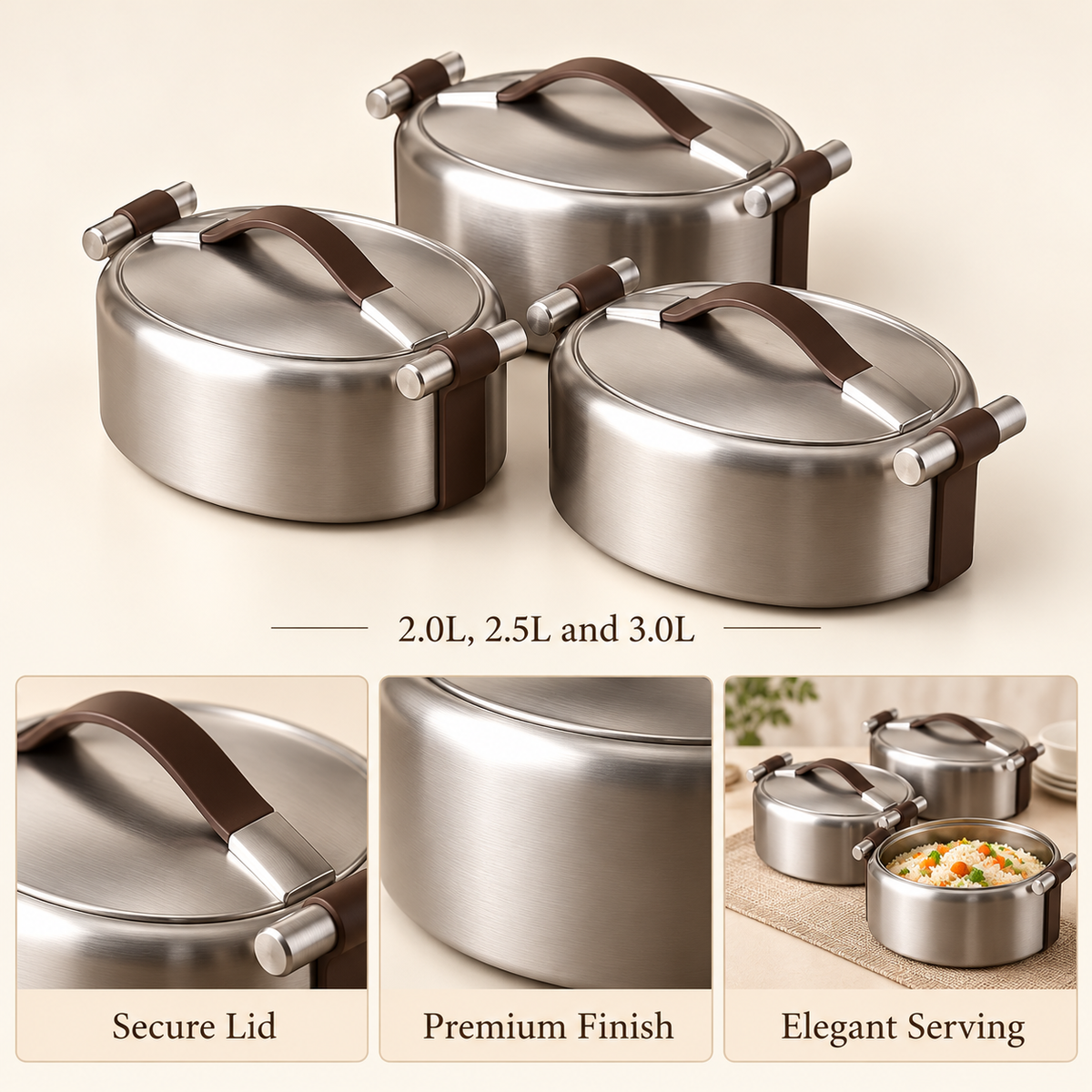 EO Premium 3-Piece Stainless Hot Pot Set – Matte Silver features and capacity details