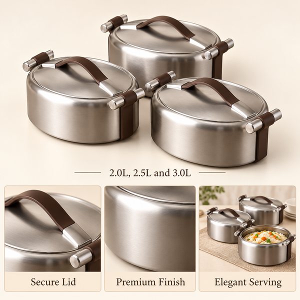 EO Premium 3-Piece Stainless Hot Pot Set – Matte Silver features and capacity details