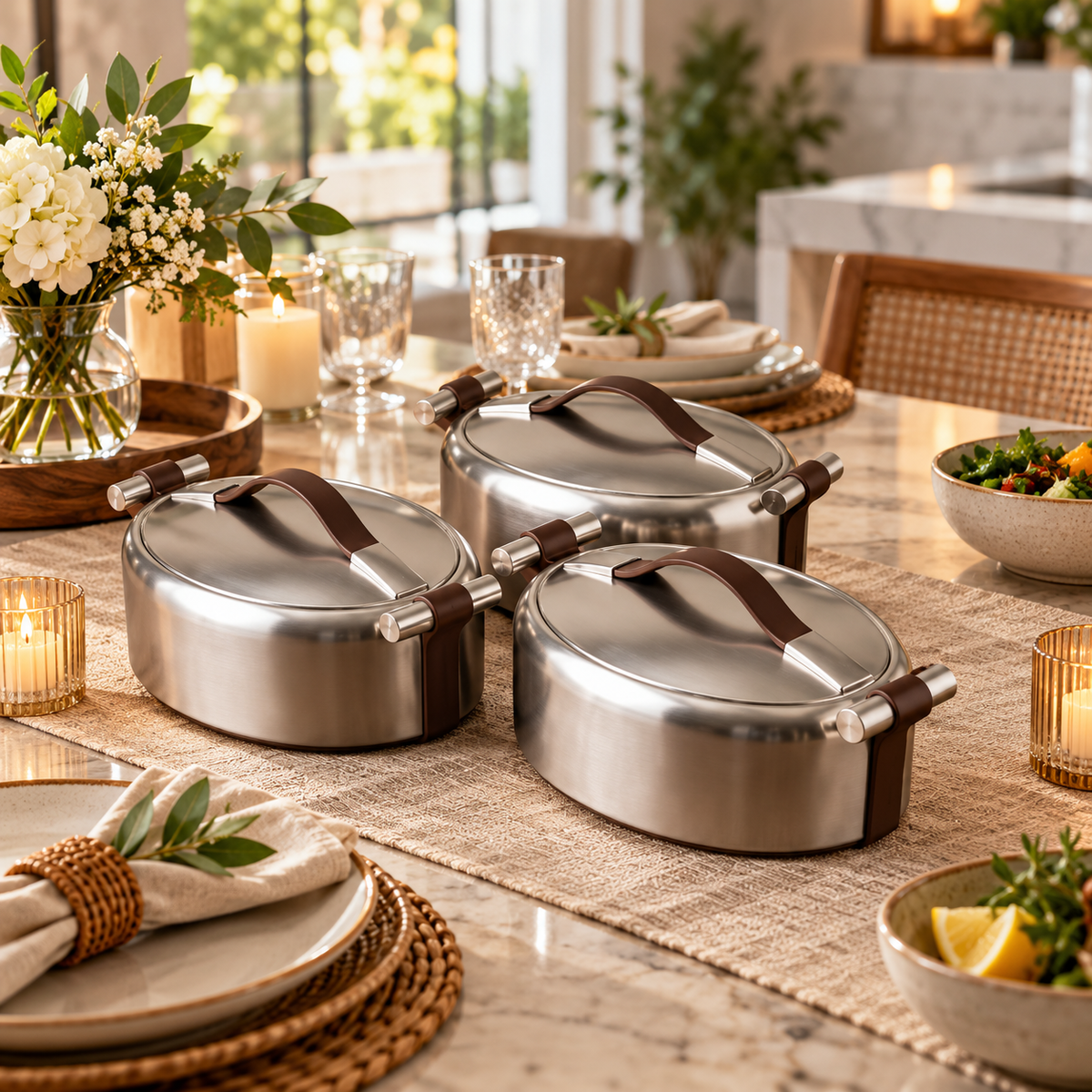 EO Premium 3-Piece Stainless Hot Pot Set – Matte Silver premium lifestyle view