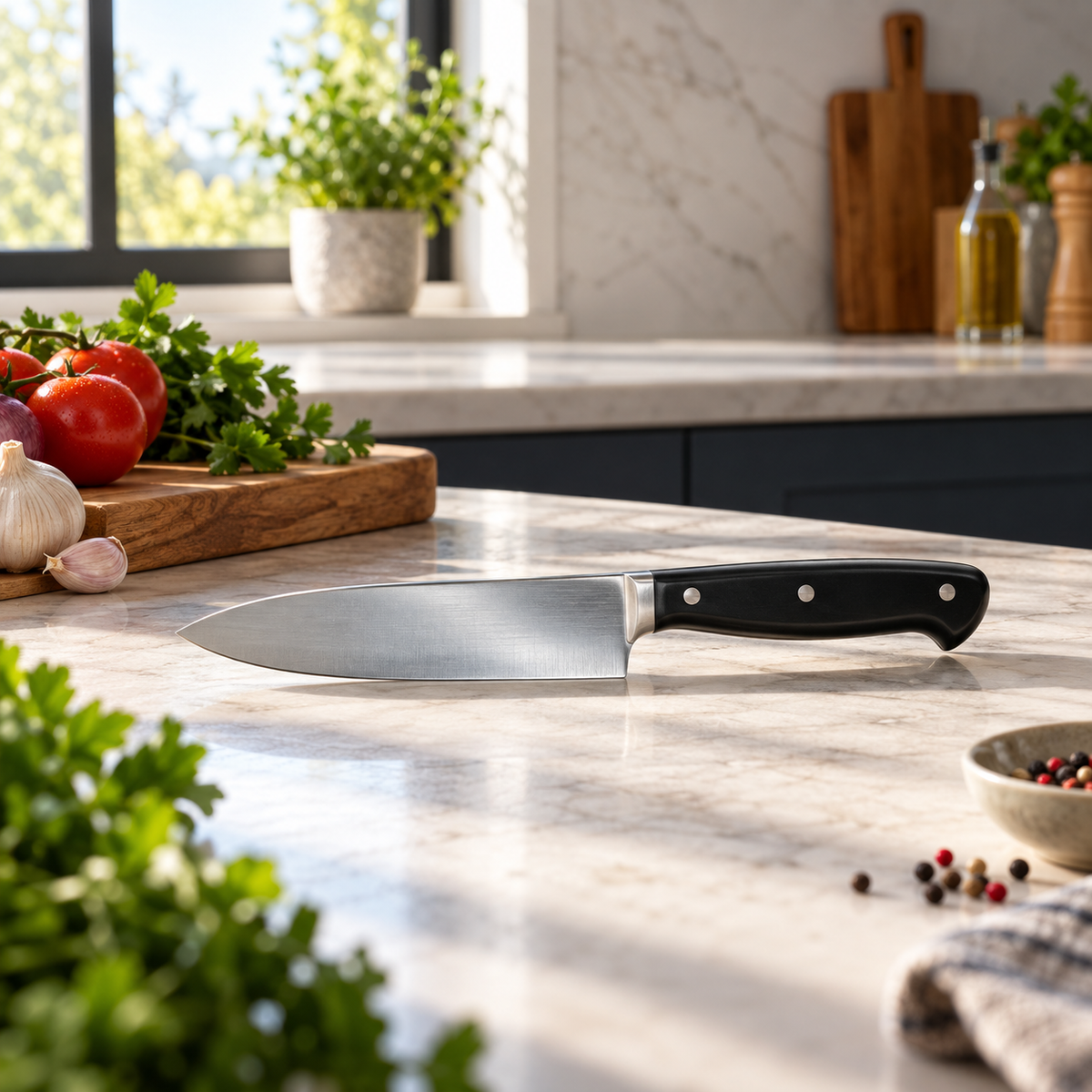 5.5-inch chef knife with black handle in a premium kitchen