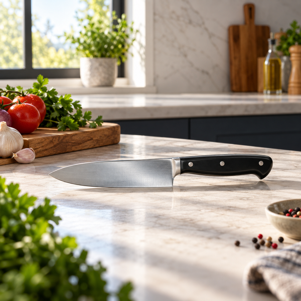 5.5-inch chef knife with black handle in a premium kitchen