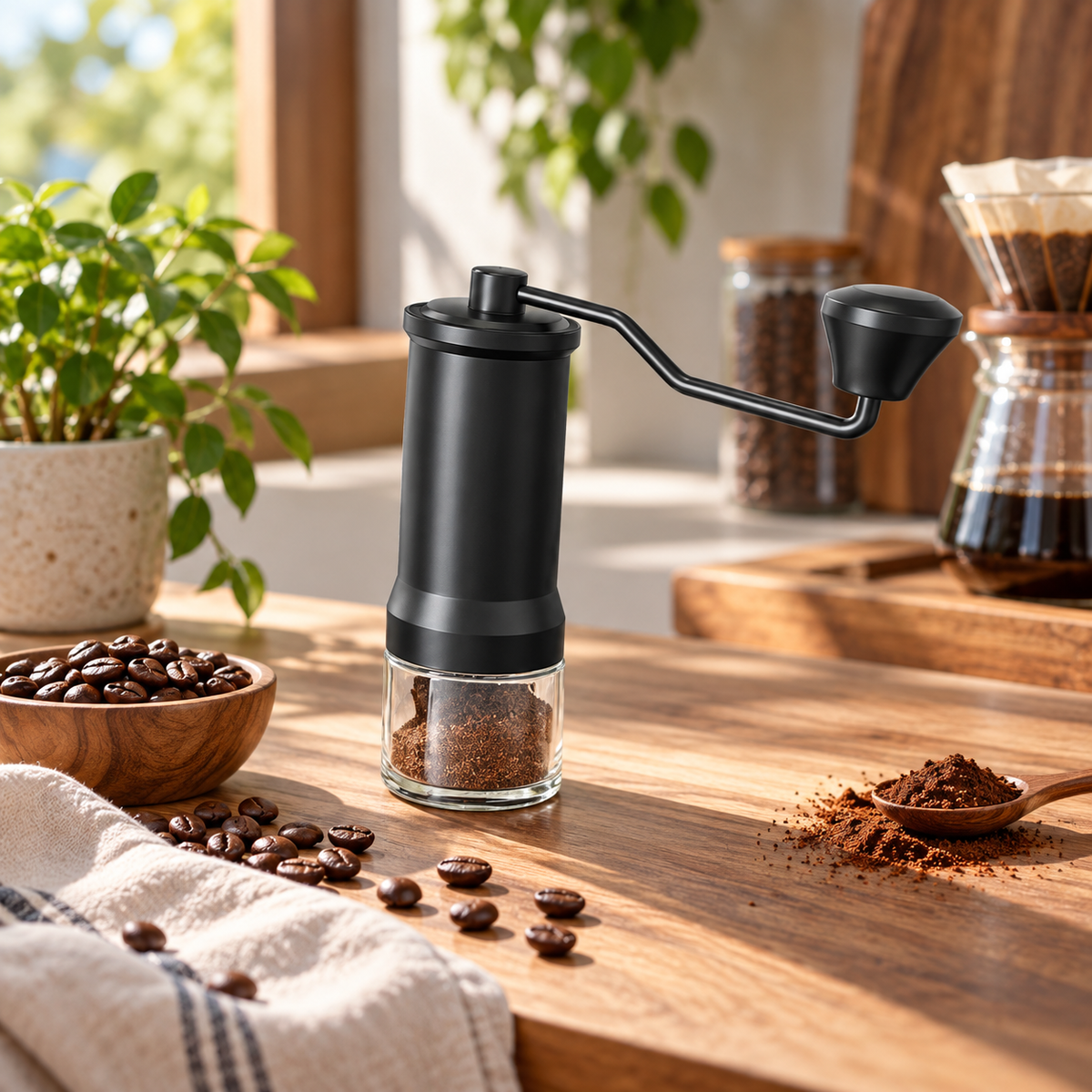 Manual Hand-Crank Coffee Bean Grinder with Glass Jar
