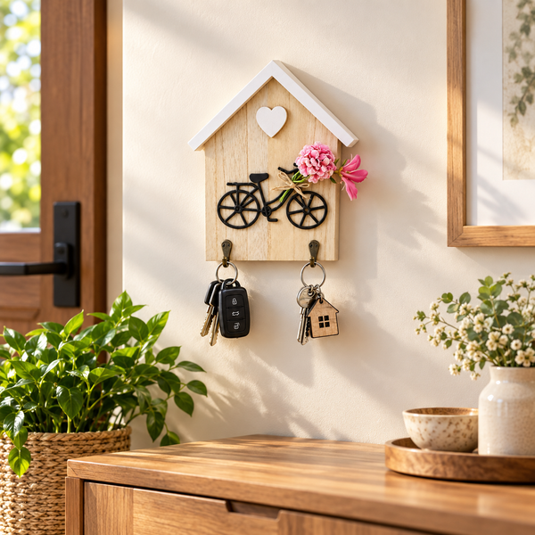 Decorative House & Bicycle Wall Key Holder with 2 Hooks