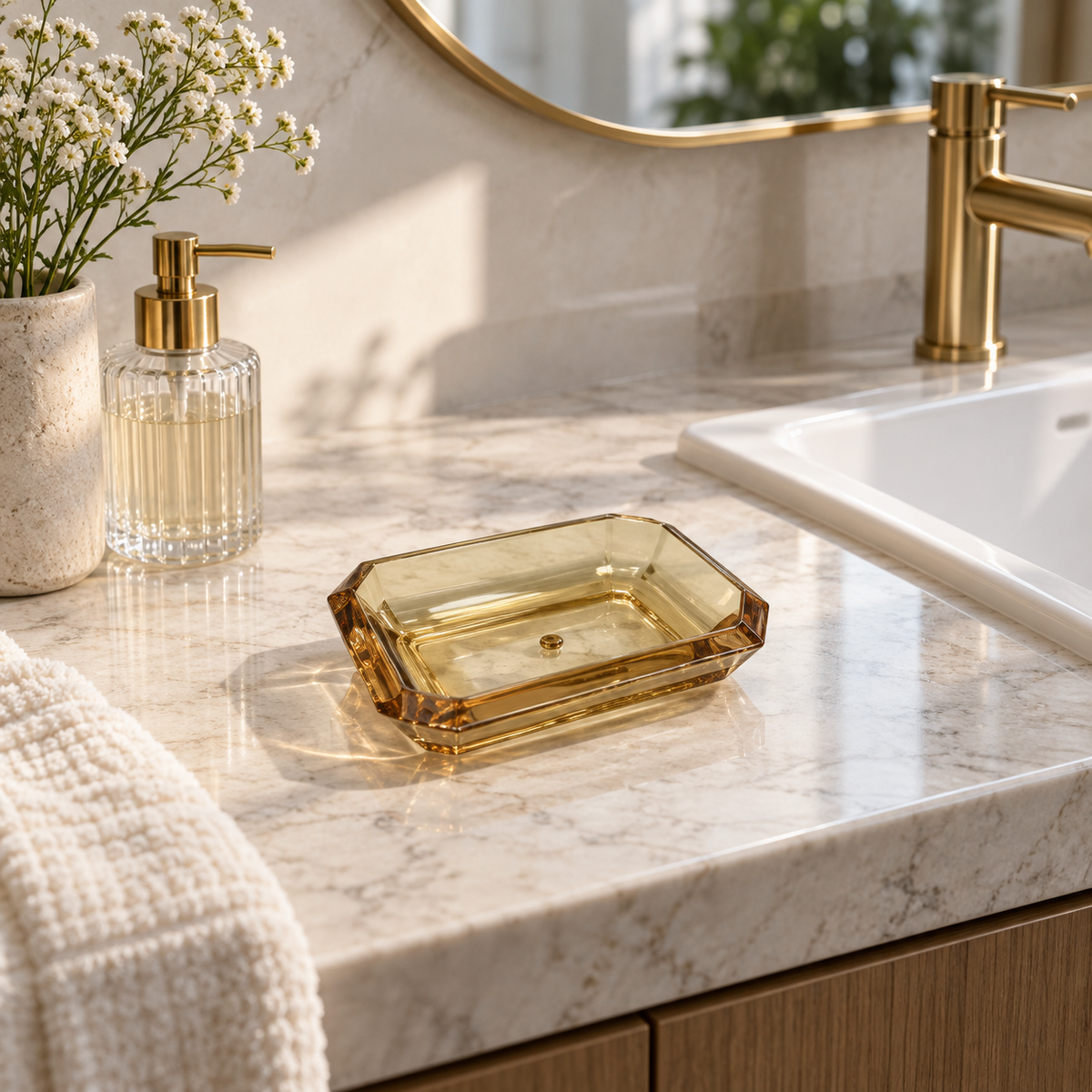 Amber acrylic rectangular soap dish on a luxury bathroom vanity