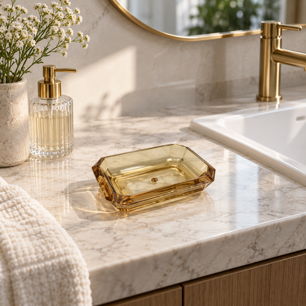 Amber acrylic rectangular soap dish on a luxury bathroom vanity