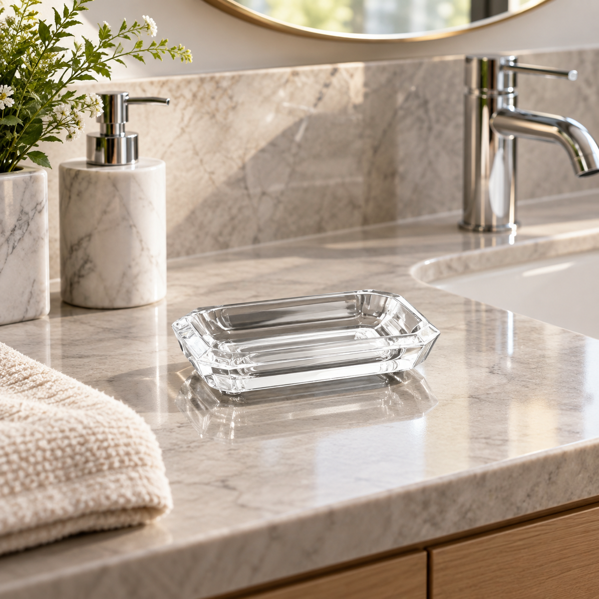 Clear acrylic rectangular soap dish on a luxury bathroom vanity