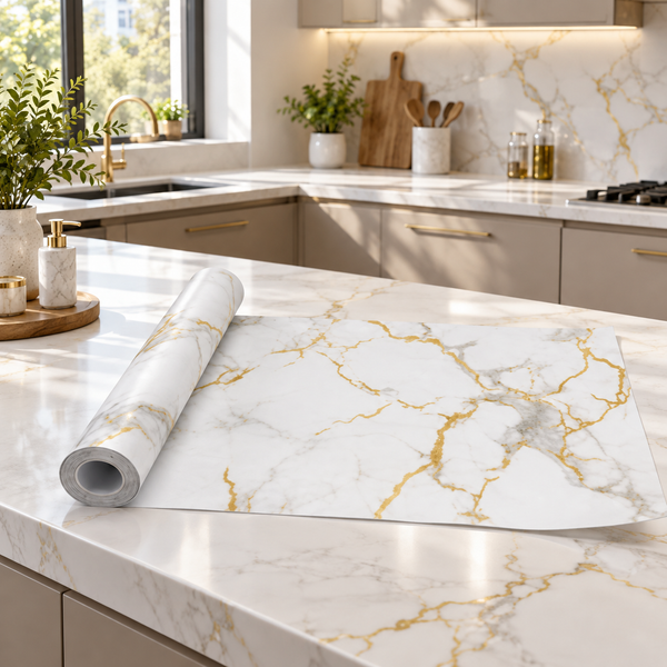 White & Gold Marble Self-Adhesive Sheet – 60cm × 2m