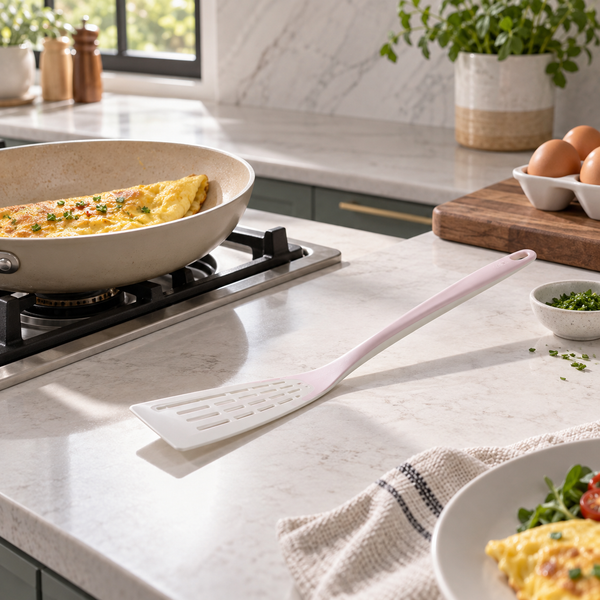 Pink and white omelet turner beside a frying pan
