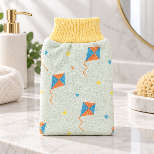 Exfoliating bath glove with kite print