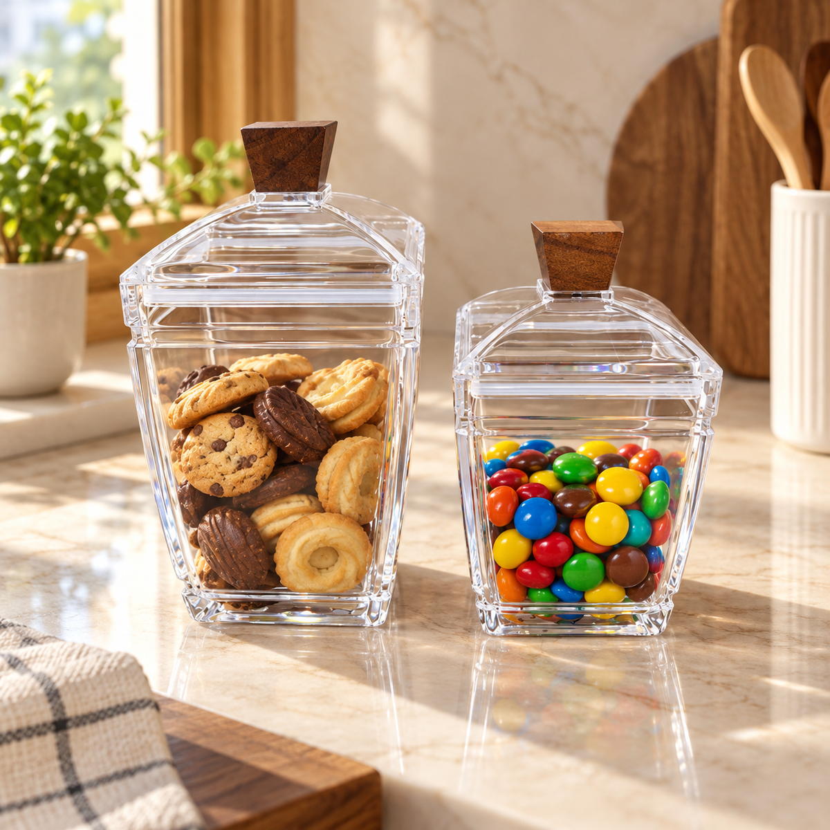 Faceted acrylic storage jars in small and large sizes