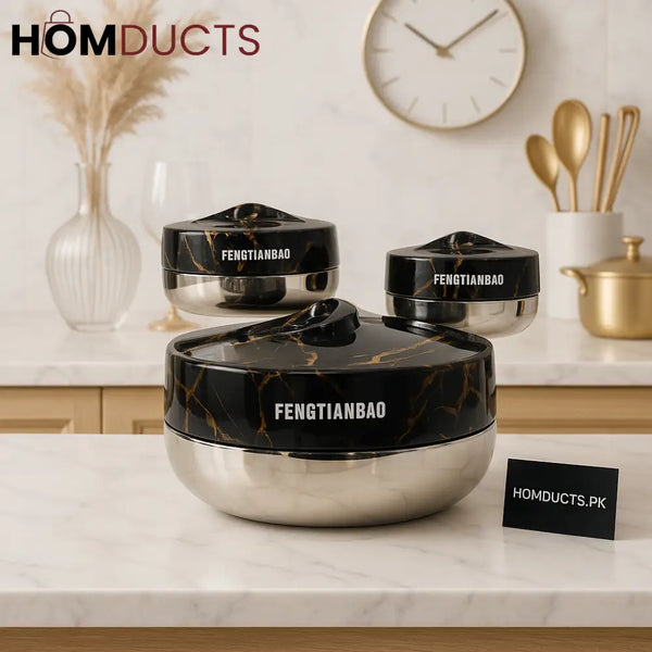 Fengtianbao Luxury Black & Gold Marble Hotpot – Premium Insulated Food Server (Available in Small Medium & Large)