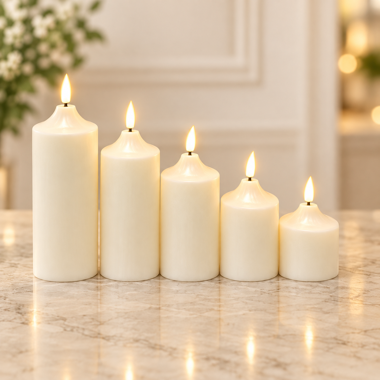 Five-piece ivory LED pillar candle set with five warm flames