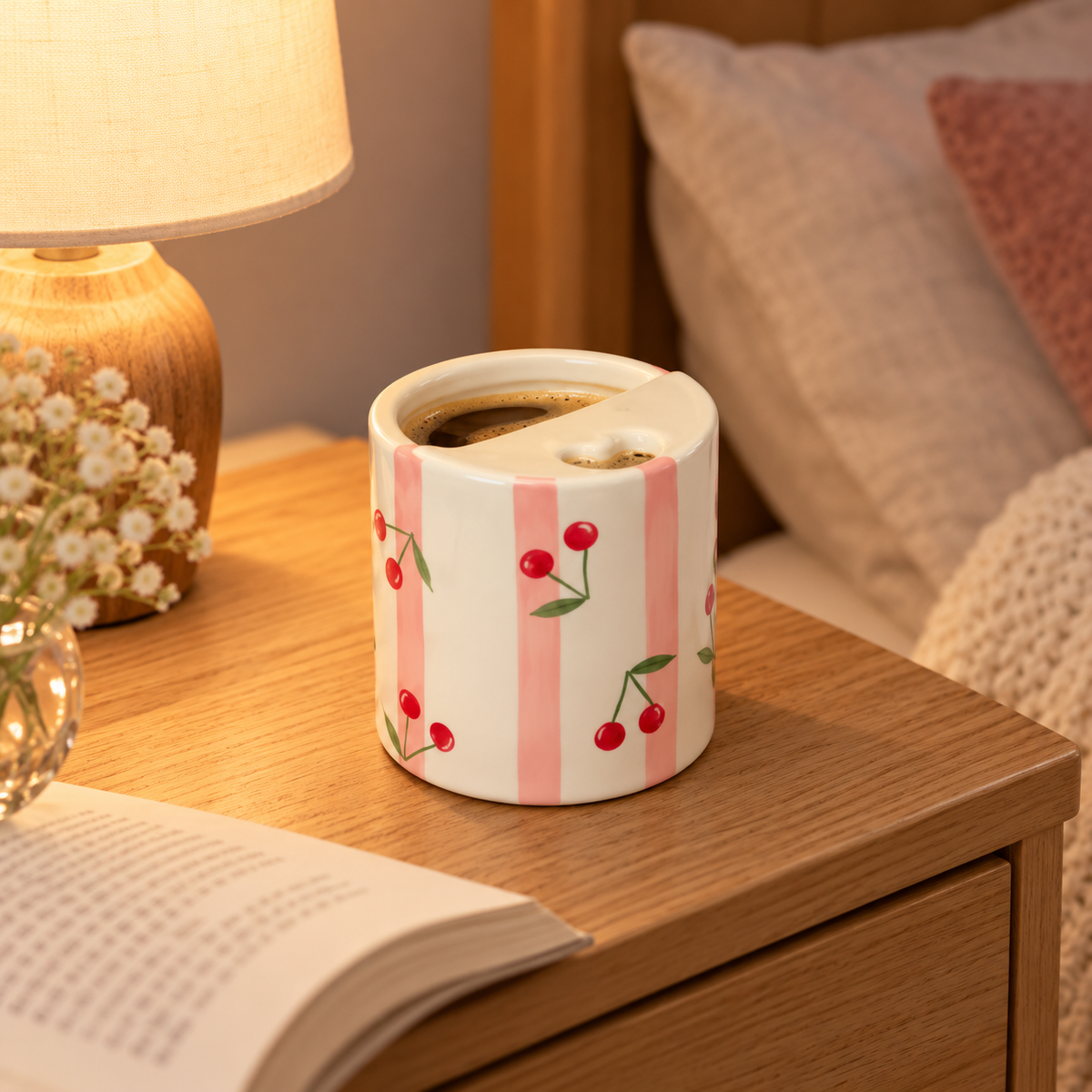 Fixed lid cherry coffee cup in home office setting