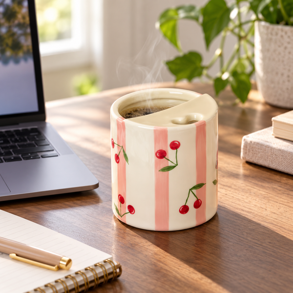 Cherry print ceramic cup with non-removable lid on bedside table