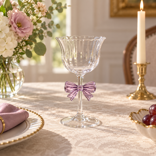 Clear stemmed glass with flared rim and purple bow