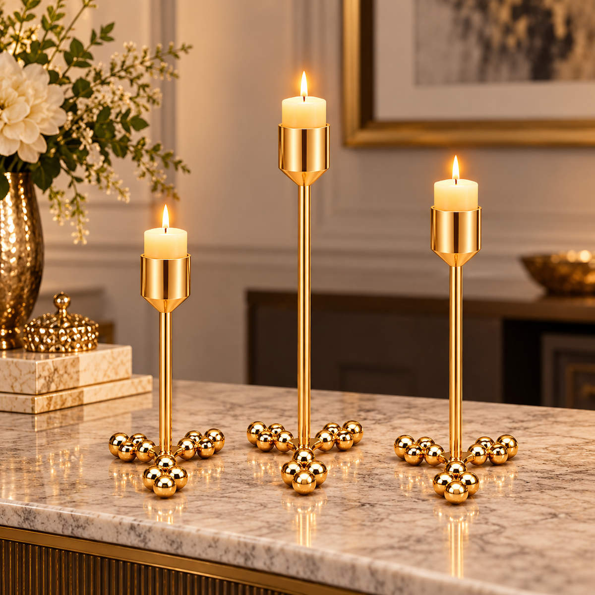 Floral Base Gold Candle Stands – Set of 3 styled lifestyle image